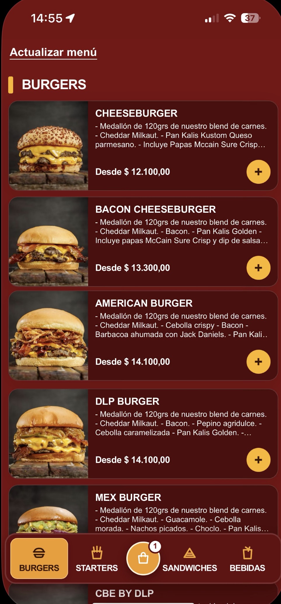 Vista real del menú de pedidos de DLP Burgers en la app
